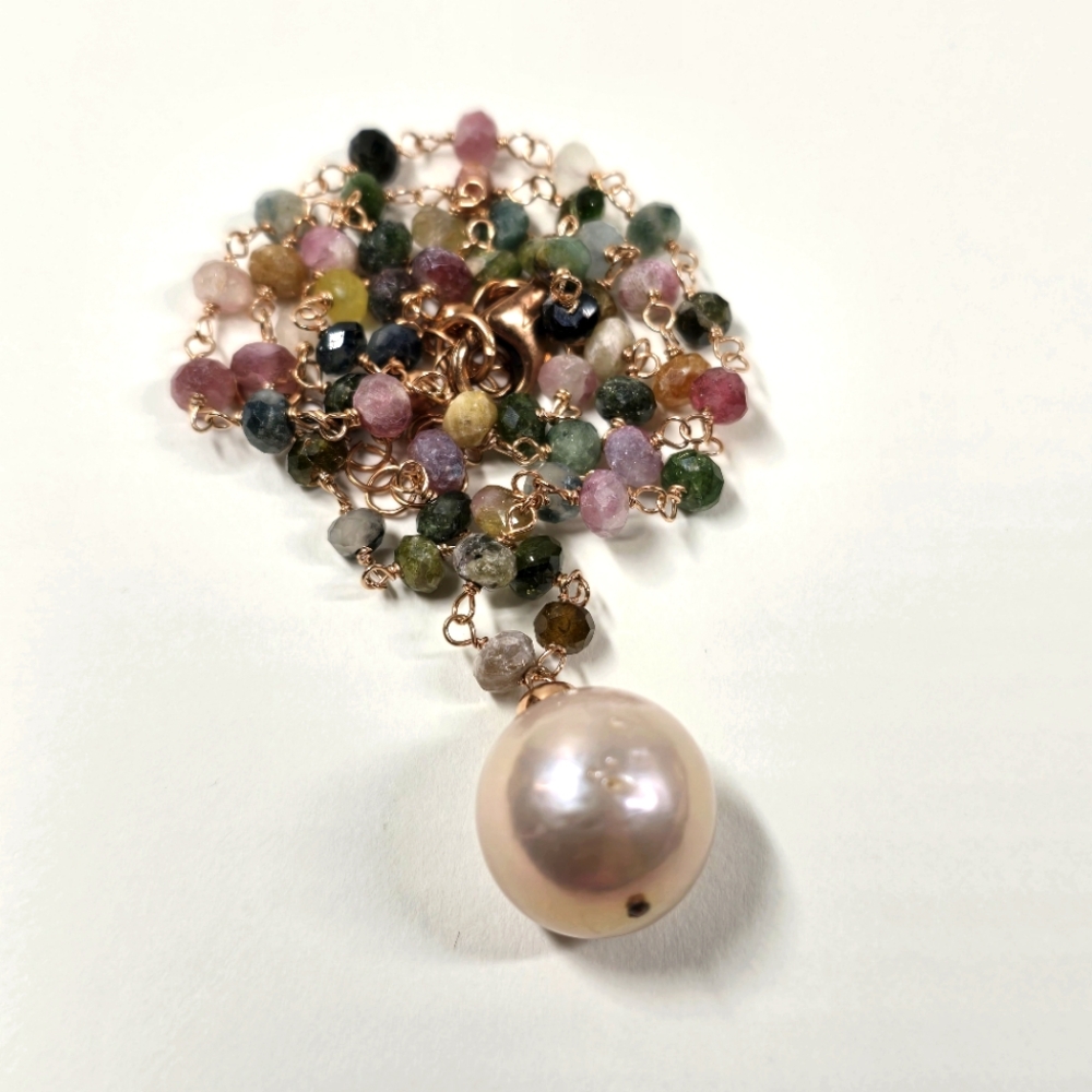 Sterling Silver 925 Multicolor Tourmaline Necklace with Pearl Pendant
